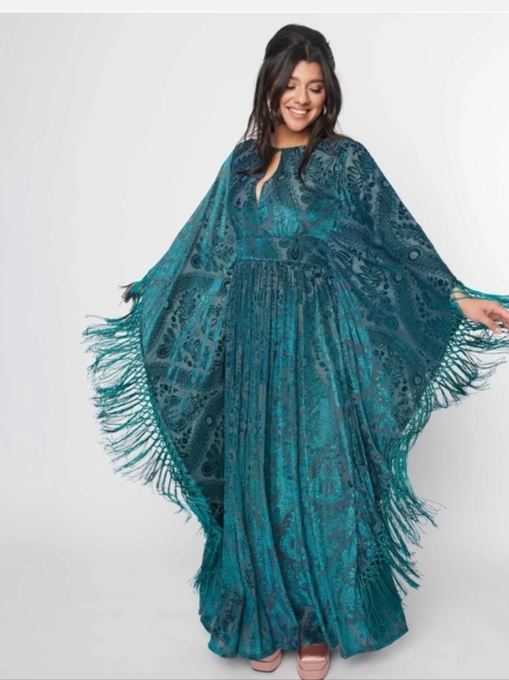 Unique Vintage Teal Paisley Fringe Maxi Dress